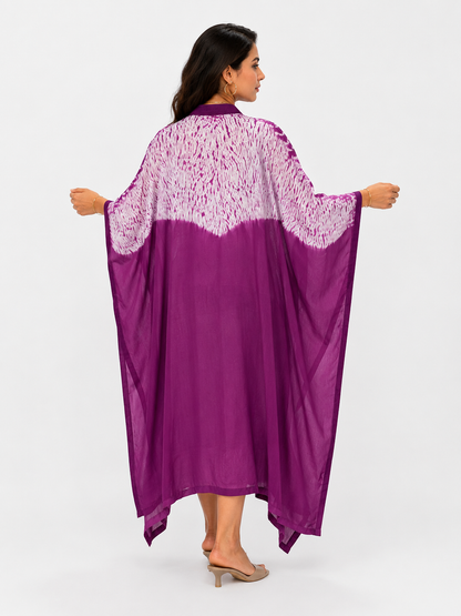 Purple magenta ombré tie-dye modal silk kaftan by Gul, back view