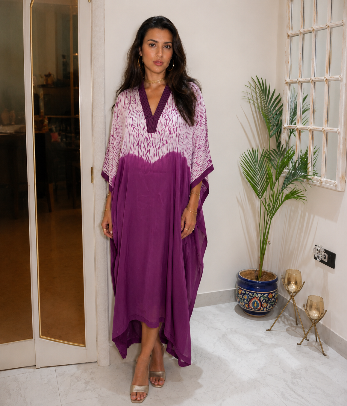 Purple magenta ombré tie-dye kaftan – front view