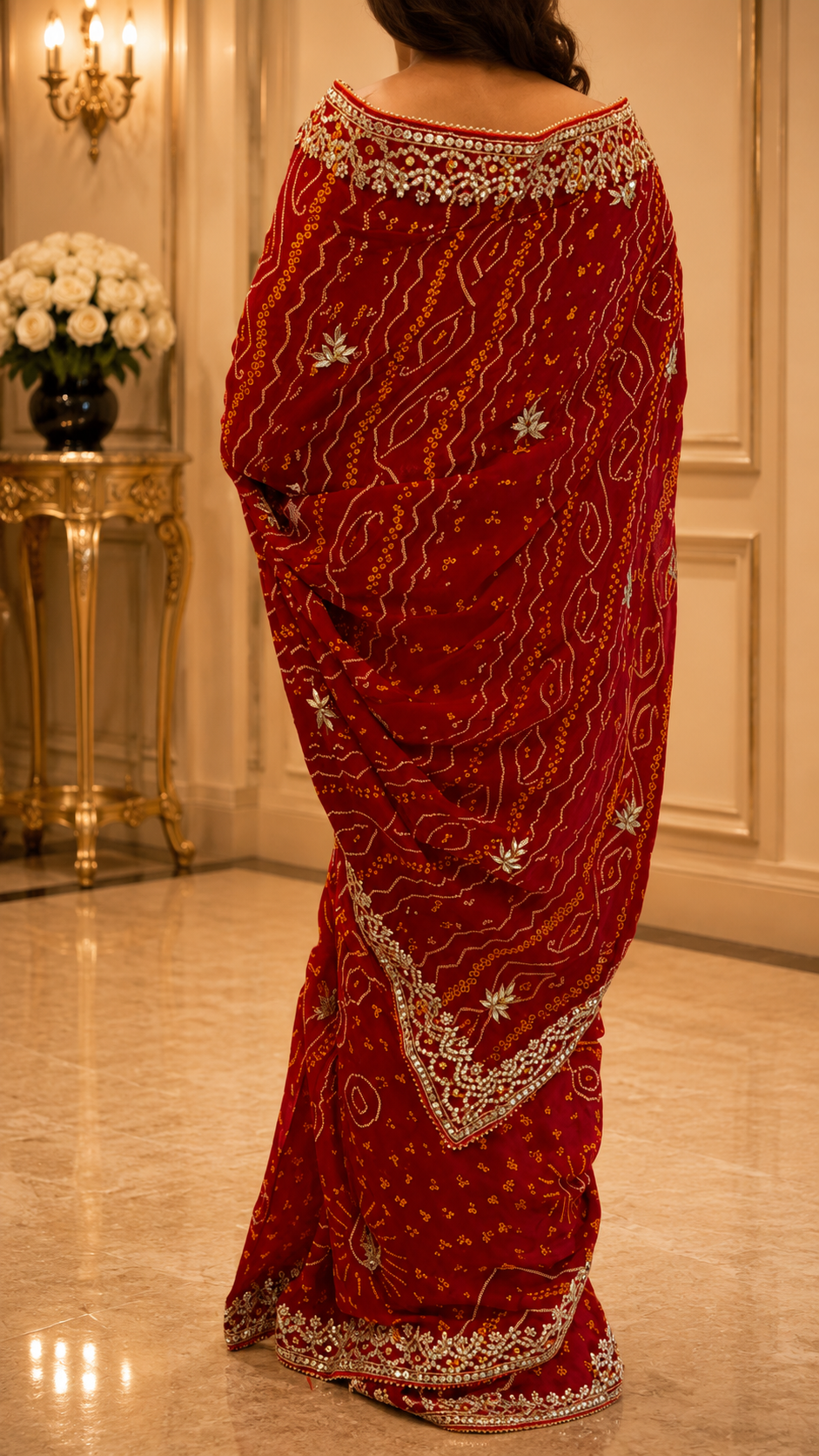 Deep Red Bandhani Saree - back view