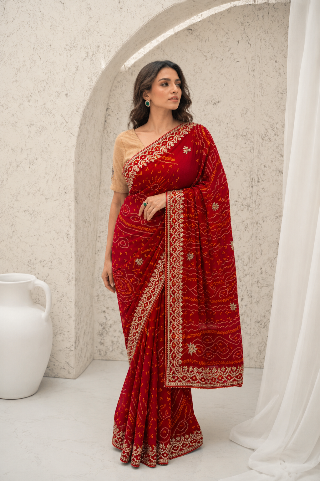 Deep Red Bandhani Saree