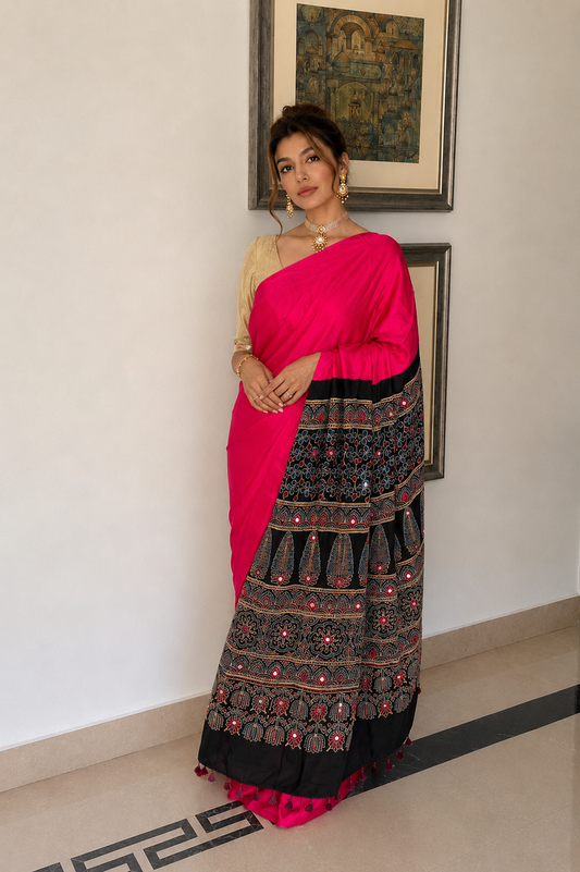 Pink- Ajrakh Pallu Modal Silk Saree
