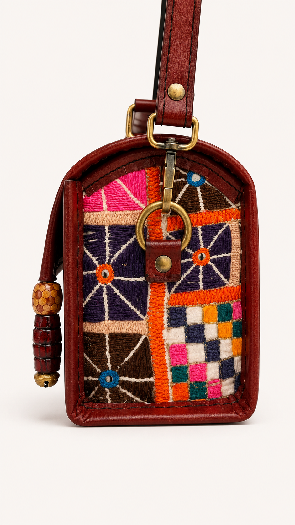 Brown Leather Cowrie Shell Trunk Bag