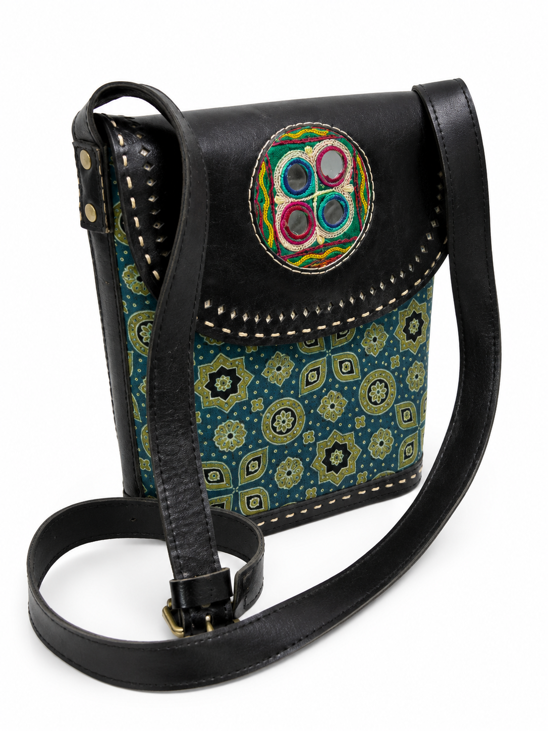 Navy blue Ajrakh crossbody bag — side view with strap