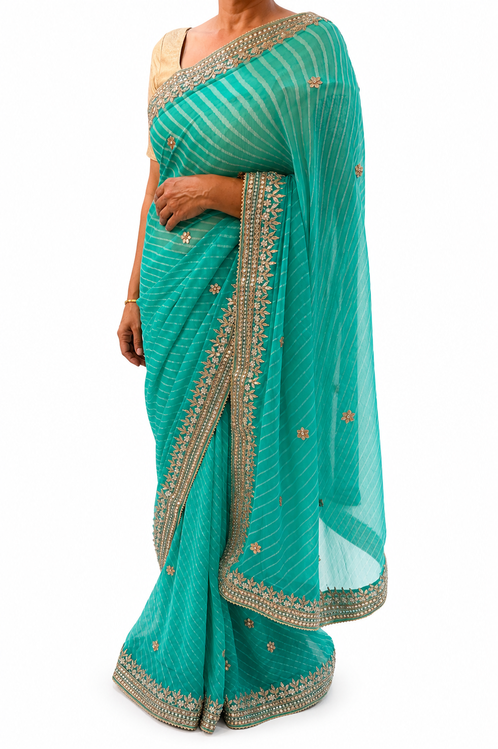 Teal gotta patti saree - front view 1