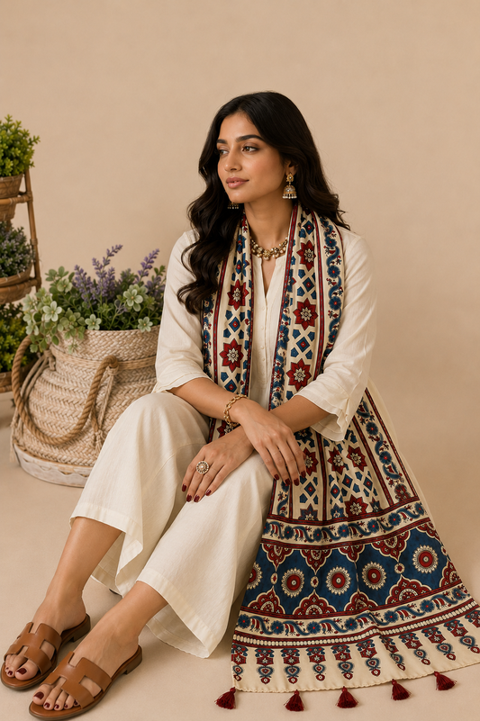 Ivory Red & Blue Star Print Ajrakh Dupatta