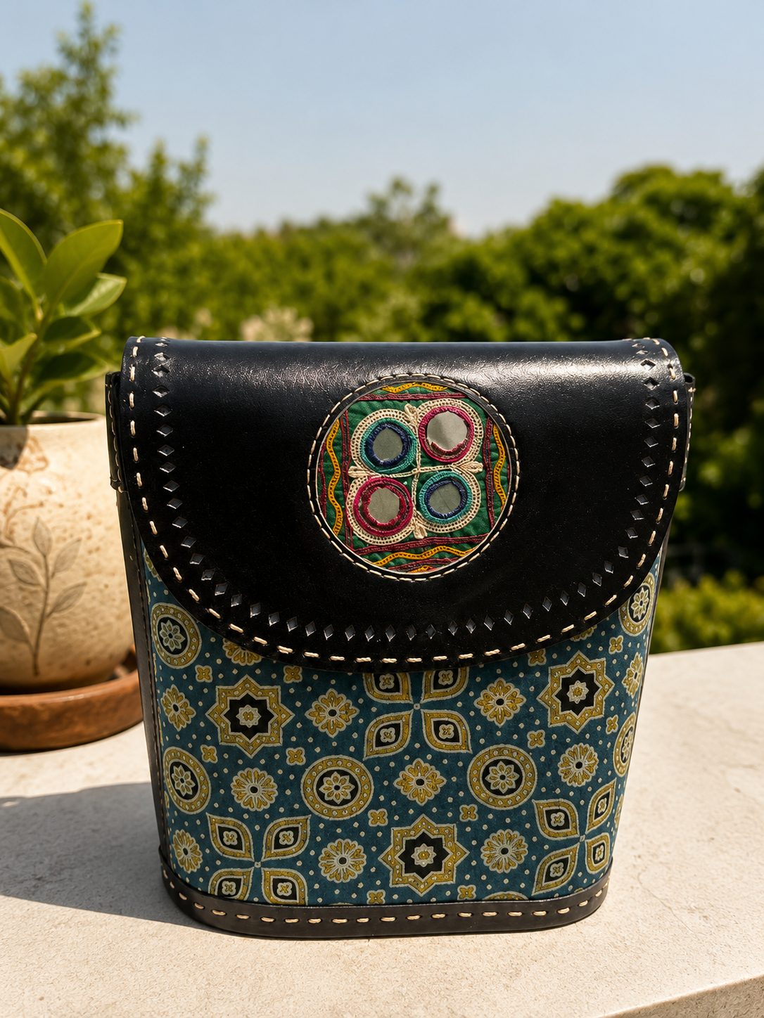 Teal Ajrakh Bucket Bag with Mirror Medallion