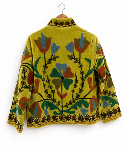 Yellow green Suzani embroidered jacket - back view