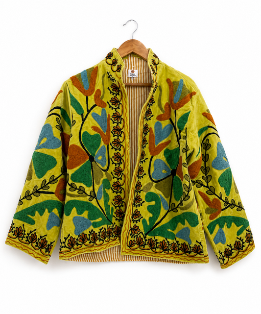 Yellow green Suzani embroidered jacket - front view