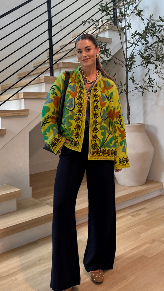 Yellow green Suzani embroidered jacket - styled